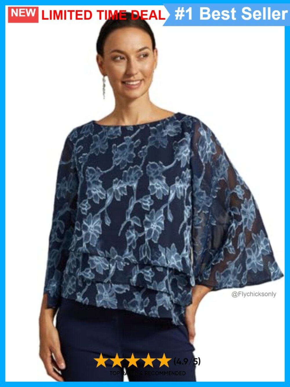 Women's Floral Jacquard Chiffon Blouse Bell Sleeve Ruffle Dressy Casual Top
